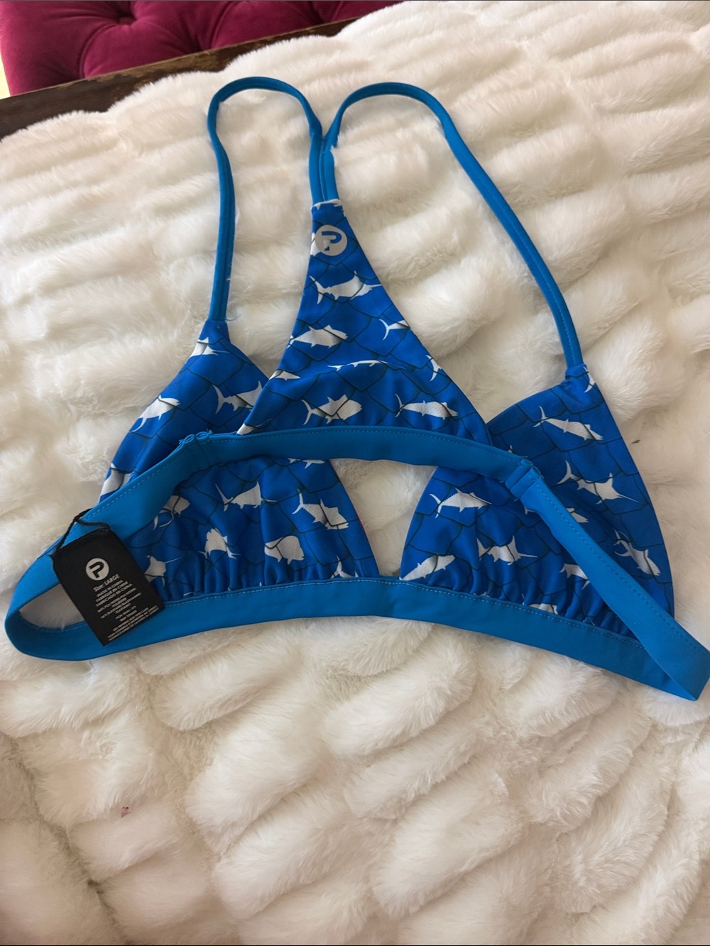 Pelagic Blue and Red Shark-Scale Triangle Bikini Top - Picture 2 of 3